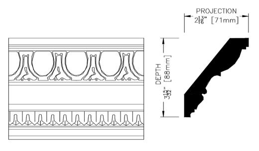 WHW687MIL Ornamental EGG&DART/LAMB'S TONGUE CORNICE 27/32"x4-15/32"  